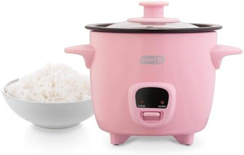 Pink compact rice cooker with nonstick pot