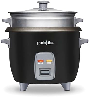 Compact six cup rice cooker and steamer