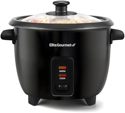 Black rice cooker with steam tray and nonstick pot